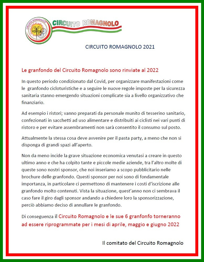 Circuito Romagnolo rinviato al 2022